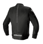 Giacca Alpinestars T-SP X Superair, nero, vista posteriore con costruzione in tessuto e mesh, ampi pannelli in mesh per la ventilazione e logo Alpinestars bianco sulla parte bassa della schiena, giacca da moto sportiva