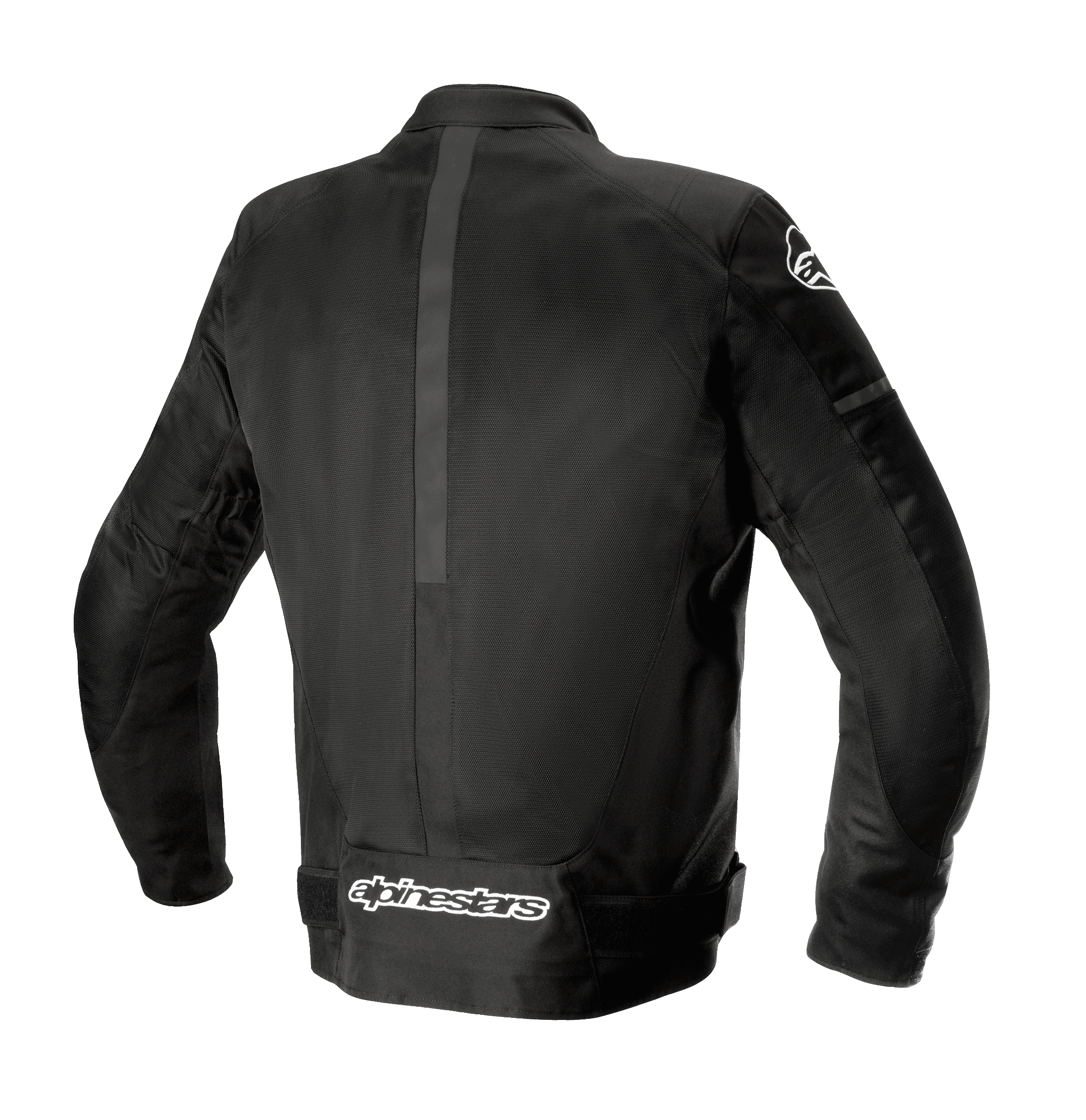 Giacca Alpinestars T-SP X Superair, nero, vista posteriore con costruzione in tessuto e mesh, ampi pannelli in mesh per la ventilazione e logo Alpinestars bianco sulla parte bassa della schiena, giacca da moto sportiva
