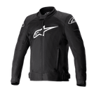 Giacca Alpinestars T-SP X Superair, giacca da moto nera con grande logo Alpinestars bianco sul petto, pannelli in rete per la ventilazione, chiusura frontale con zip, cinghie regolabili in vita, maniche pre-curvate, progettata per prestazioni sportive su strada