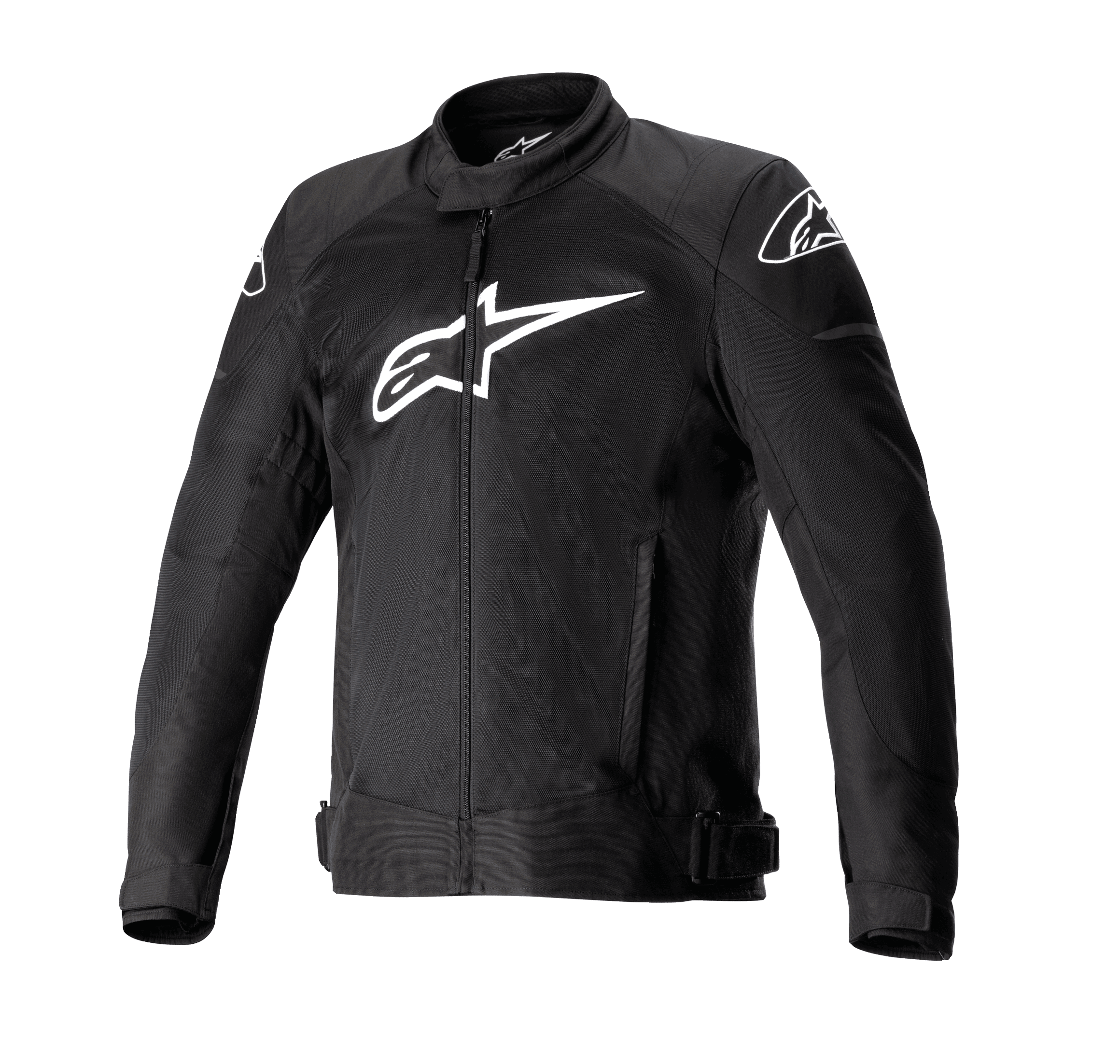 Giacca Alpinestars T-SP X Superair, giacca da moto nera con grande logo Alpinestars bianco sul petto, pannelli in rete per la ventilazione, chiusura frontale con zip, cinghie regolabili in vita, maniche pre-curvate, progettata per prestazioni sportive su strada