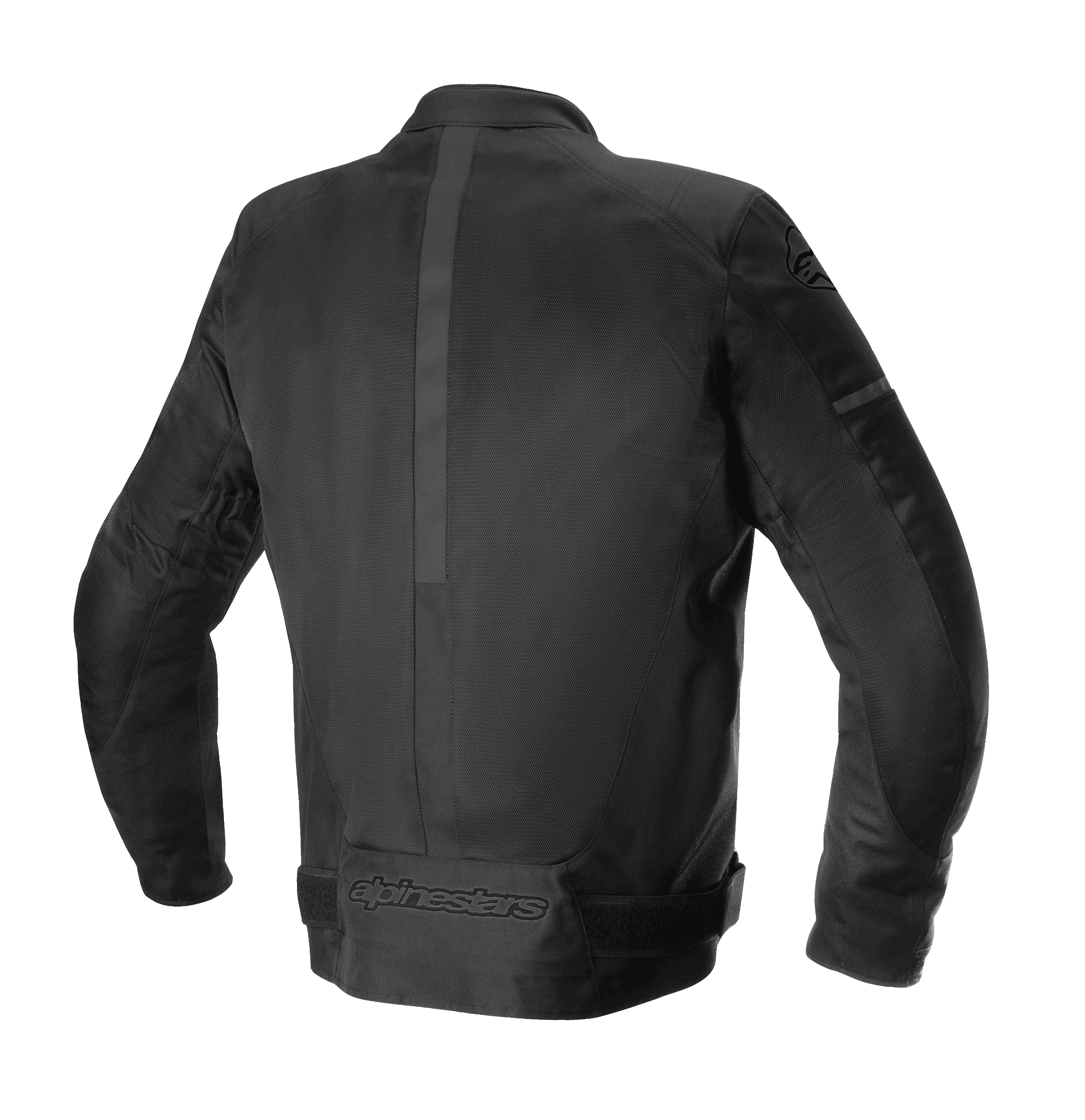 Giacca Alpinestars T-SP X Superair, giacca da moto, nero, vista posteriore con pannelli in rete tecnica, striscia centrale verticale e logo Alpinestars tono su tono sulla parte bassa della schiena, design con vestibilità sportiva su misura