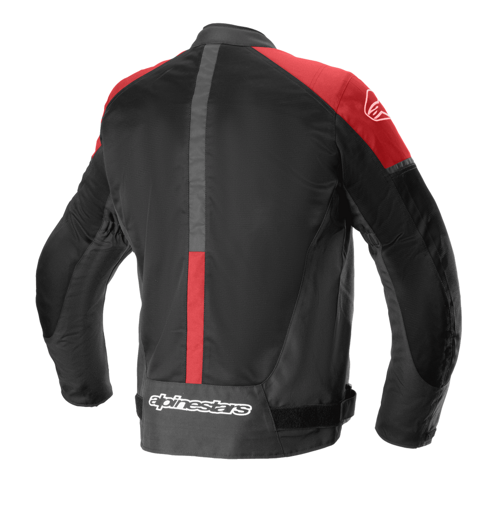 Giacca Alpinestars T-SP X Superair, giacca da moto in tessuto, nero e rosso brillante, vista posteriore con ampi pannelli in rete per il flusso d'aria, dettagli rossi sulle spalle e logo sulla parte inferiore della schiena.