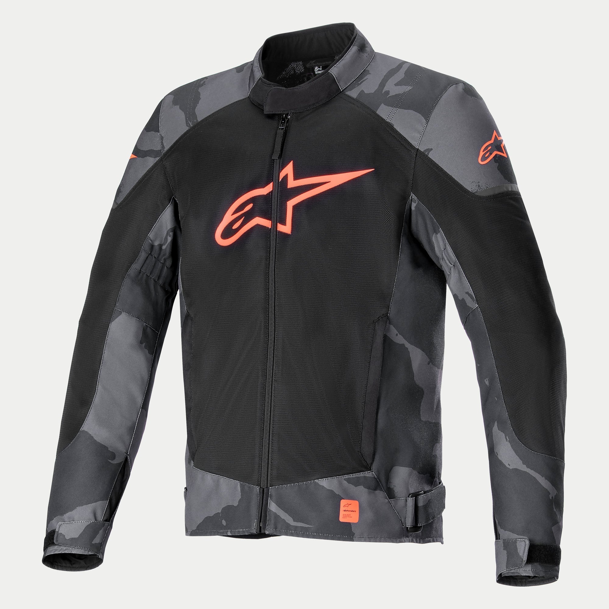 Alpinestars Giacca T-SP X Superair, giacca da moto in tessuto, grigio camo e rosso fluo, con un grande logo Alpinestars rosso fluorescente sul busto in rete nera, maniche e spalle con motivo mimetico, struttura leggera con pannelli di ventilazione ad alto flusso