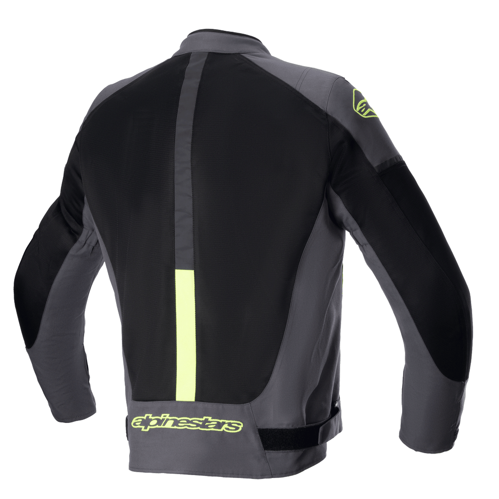 Alpinestars T-SP X Superair Jacket, giacca da moto, grigio scuro, nero e giallo fluo, vista posteriore con ampi pannelli in rete per la ventilazione e marchio giallo fluorescente sulla parte inferiore della schiena e sulla spalla