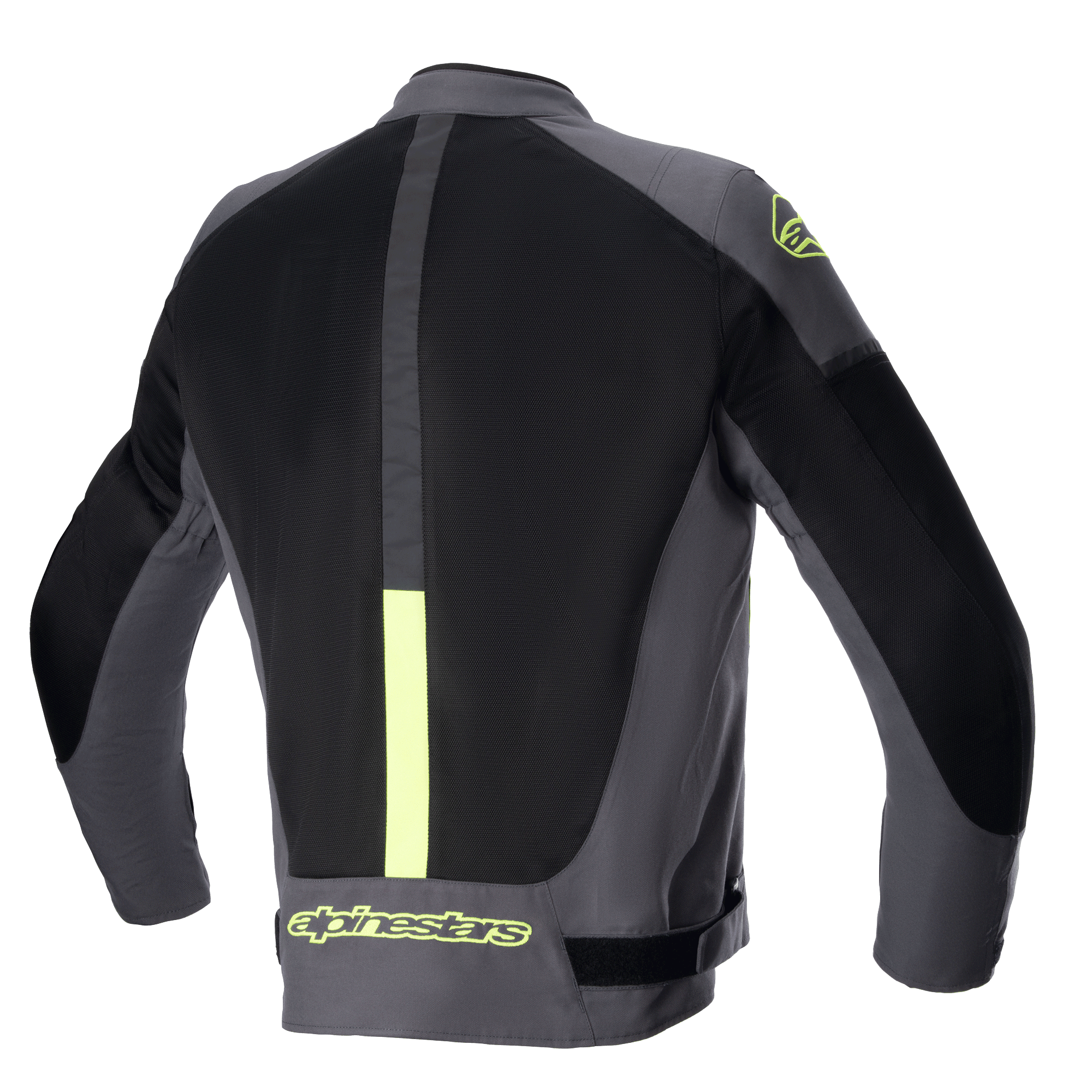 Alpinestars T-SP X Superair Jacket, giacca da moto, grigio scuro, nero e giallo fluo, vista posteriore con ampi pannelli in rete per la ventilazione e marchio giallo fluorescente sulla parte inferiore della schiena e sulla spalla