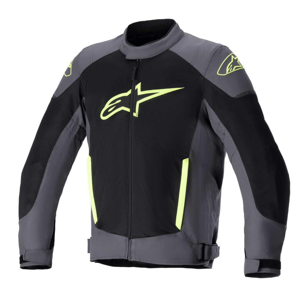 Alpinestars T-SP X Superair Jacket, giacca da moto in tessuto, grigio scuro e nero con accenti giallo fluo, caratterizzata da un grande logo giallo sul petto, ampi pannelli in rete per la ventilazione e design sportivo per la guida estiva