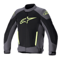 Alpinestars T-SP X Superair Jacket, giacca da moto in tessuto, grigio scuro e nero con accenti giallo fluo, caratterizzata da un grande logo giallo sul petto, ampi pannelli in rete per la ventilazione e design sportivo per la guida estiva