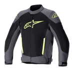 Alpinestars T-SP X Superair Jacket, giacca da moto in tessuto, grigio scuro e nero con accenti giallo fluo, caratterizzata da un grande logo giallo sul petto, ampi pannelli in rete per la ventilazione e design sportivo per la guida estiva