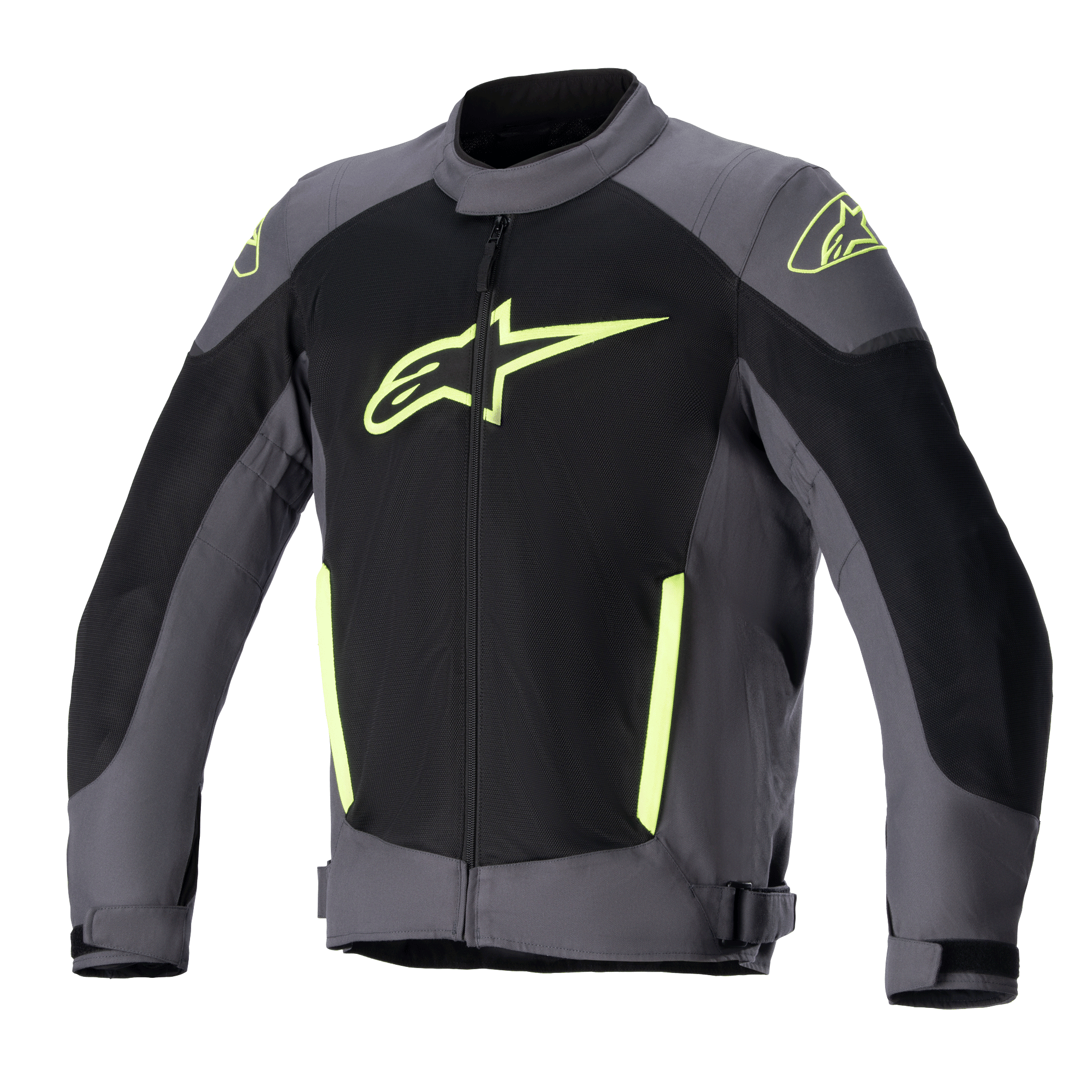 Alpinestars T-SP X Superair Jacket, giacca da moto in tessuto, grigio scuro e nero con accenti giallo fluo, caratterizzata da un grande logo giallo sul petto, ampi pannelli in rete per la ventilazione e design sportivo per la guida estiva
