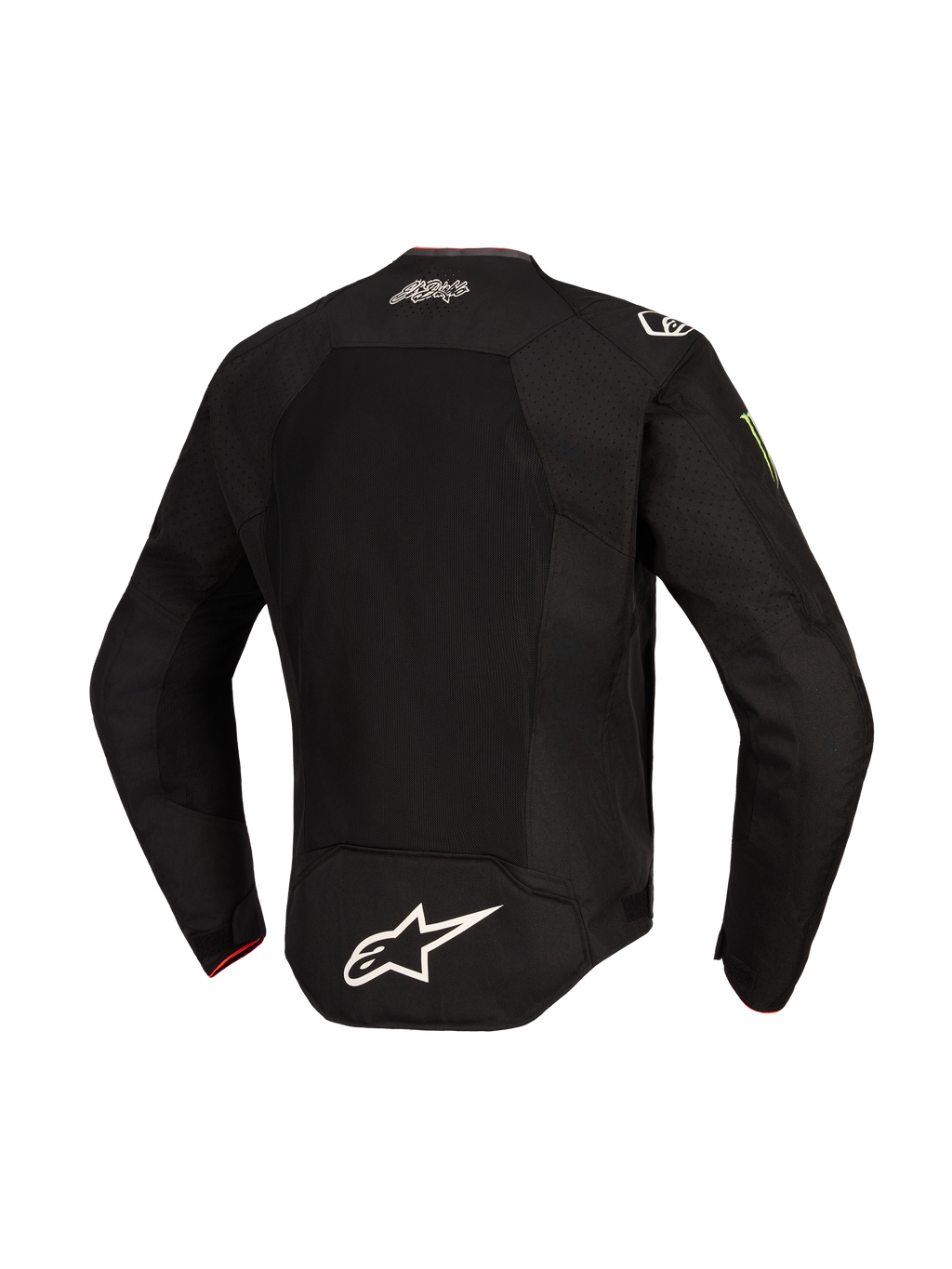 Alpinestars FQ20 T-SPS Air V2 Monster Jacket, vista posteriore, nero, con ampio pannello di ventilazione in rete, logo Alpinestars bianco sulla parte bassa della schiena, firma El Diablo sulla parte superiore della schiena e logo Monster Energy sulla manica, giacca da moto in tessuto per guida sportiva