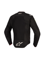 Alpinestars FQ20 T-SPS Air V2 Monster Jacket, vista posteriore, nero, con ampio pannello di ventilazione in rete, logo Alpinestars bianco sulla parte bassa della schiena, firma El Diablo sulla parte superiore della schiena e logo Monster Energy sulla manica, giacca da moto in tessuto per guida sportiva