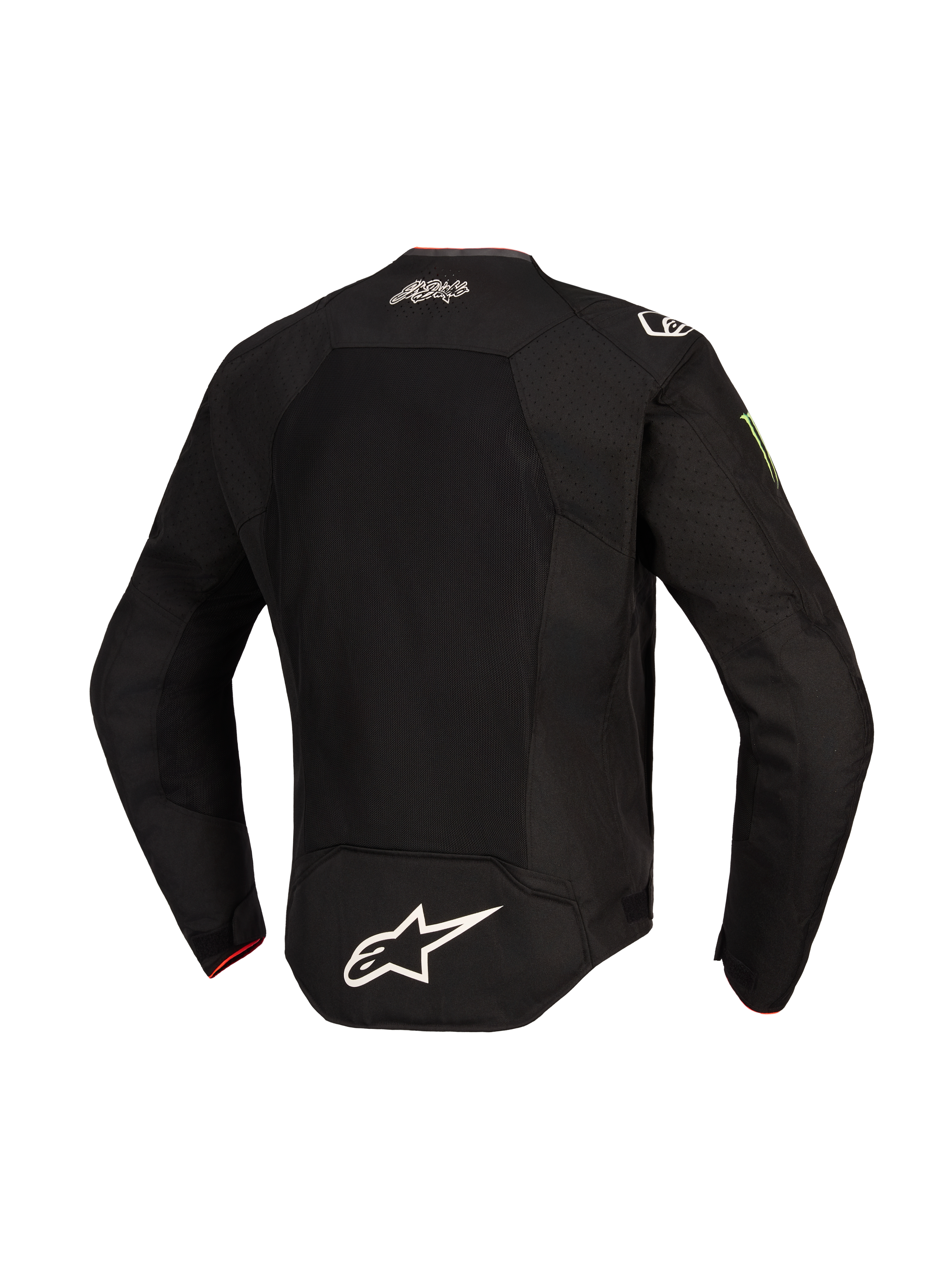Alpinestars FQ20 T-SPS Air V2 Monster Jacket, vista posteriore, nero, con ampio pannello di ventilazione in rete, logo Alpinestars bianco sulla parte bassa della schiena, firma El Diablo sulla parte superiore della schiena e logo Monster Energy sulla manica, giacca da moto in tessuto per guida sportiva
