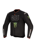 Giacca Alpinestars FQ20 T-SPS Air V2 Monster, giacca da moto in tessuto, nera con grande grafica '20' bianca, loghi verdi Monster Energy e finiture rosse su colletto e polsini, pannelli in mesh per la ventilazione, marchio Alpinestars sulle maniche, vestibilità performante per guida sportiva.