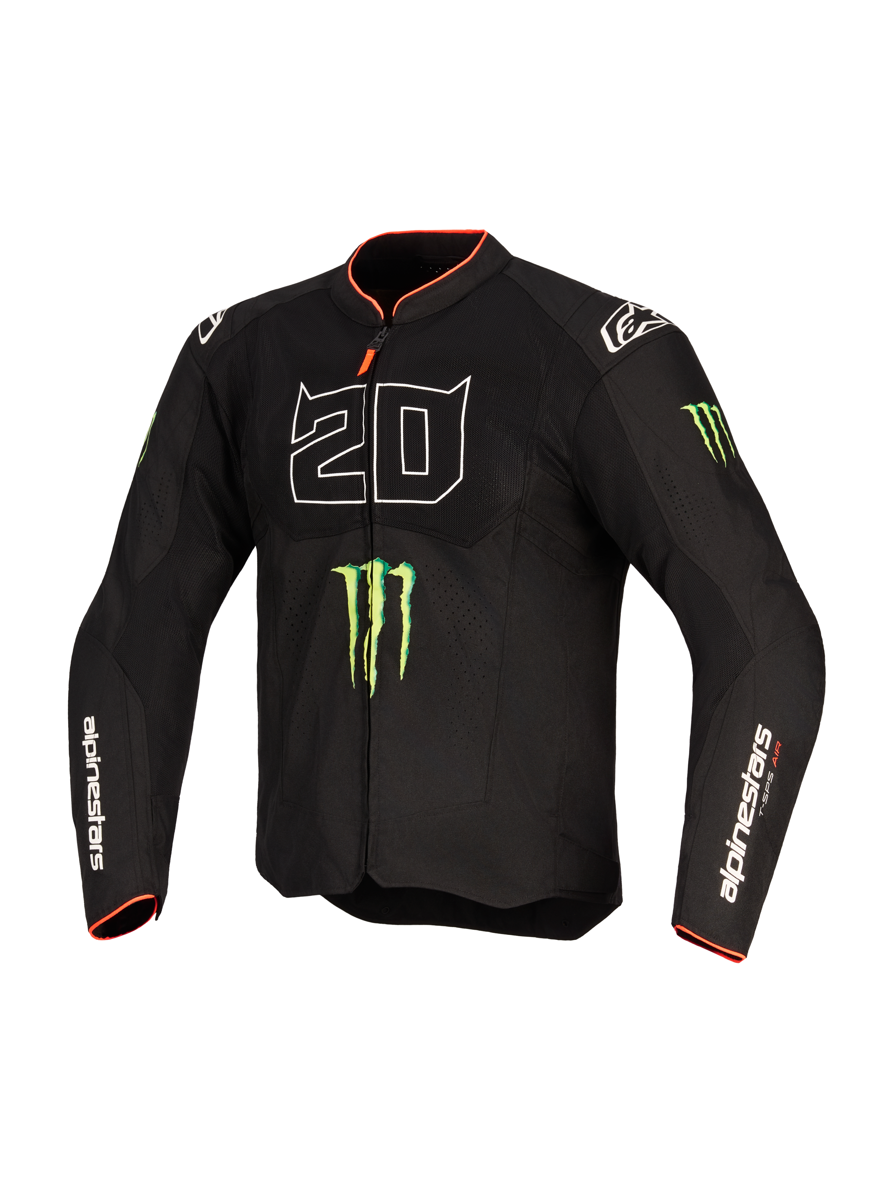 Giacca Alpinestars FQ20 T-SPS Air V2 Monster, giacca da moto in tessuto, nera con grande grafica '20' bianca, loghi verdi Monster Energy e finiture rosse su colletto e polsini, pannelli in mesh per la ventilazione, marchio Alpinestars sulle maniche, vestibilità performante per guida sportiva.