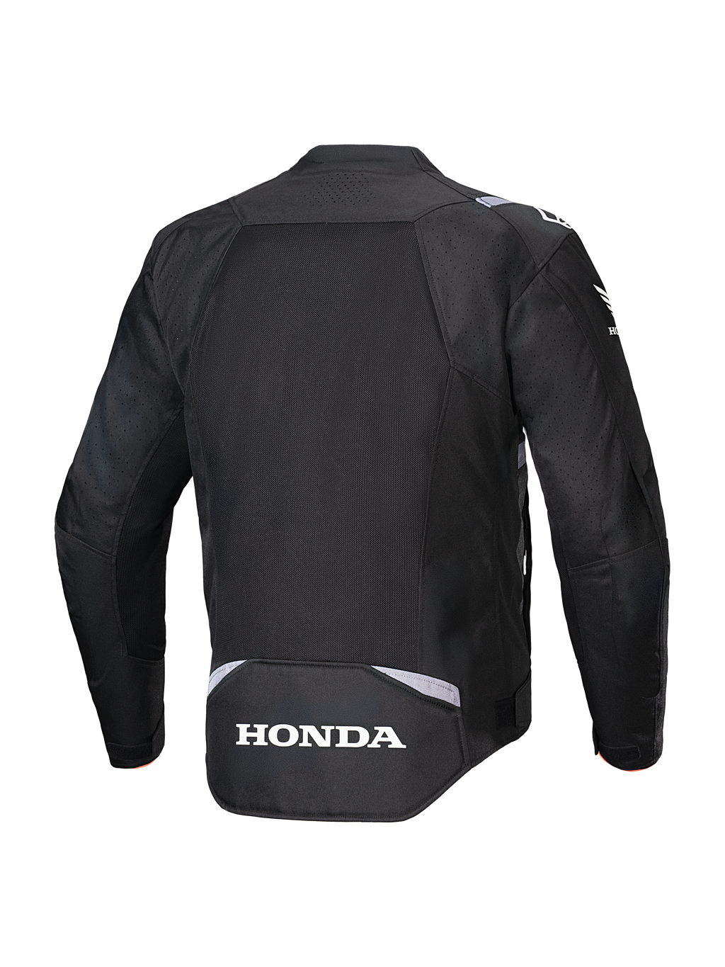 Giacca Alpinestars Honda T-SPS Air V2, nero, vista posteriore con un ampio pannello in rete per la ventilazione, logo Honda bianco sulla parte inferiore della schiena e marchio Alpinestars sulle spalle, giacca da moto in tessuto per la guida estiva