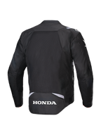 Giacca Alpinestars Honda T-SPS Air V2, nero, vista posteriore con un ampio pannello in rete per la ventilazione, logo Honda bianco sulla parte inferiore della schiena e marchio Alpinestars sulle spalle, giacca da moto in tessuto per la guida estiva
