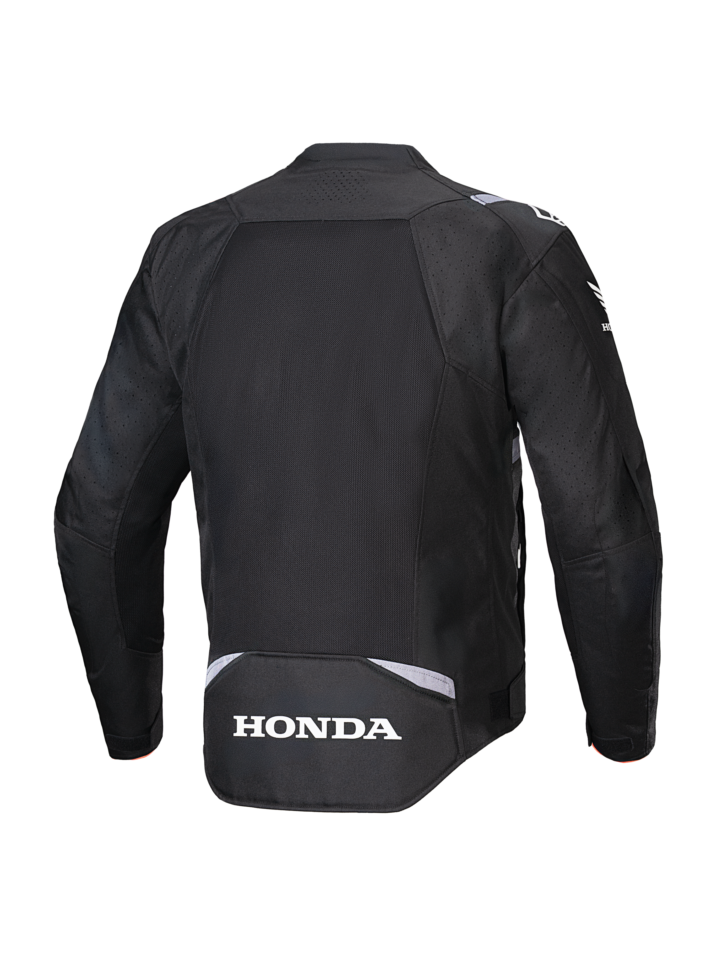 Giacca Alpinestars Honda T-SPS Air V2, nero, vista posteriore con un ampio pannello in rete per la ventilazione, logo Honda bianco sulla parte inferiore della schiena e marchio Alpinestars sulle spalle, giacca da moto in tessuto per la guida estiva