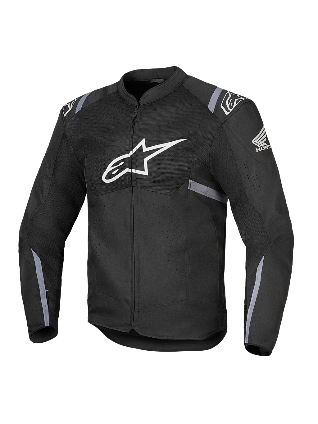 Alpinestars Honda T-SPS Air V2 Jacket, giacca da moto in tessuto nero, grande logo Alpinestars bianco sul petto, logo Honda ad ala sulla manica, pannelli in rete traforata per la traspirabilità, strisce riflettenti grigie su maniche e vita, chiusura frontale con zip