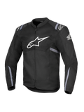 Alpinestars Honda T-SPS Air V2 Jacket, giacca da moto in tessuto nero, grande logo Alpinestars bianco sul petto, logo Honda ad ala sulla manica, pannelli in rete traforata per la traspirabilità, strisce riflettenti grigie su maniche e vita, chiusura frontale con zip