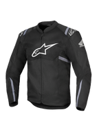 Alpinestars Honda T-SPS Air V2 Jacket, giacca da moto in tessuto nero, grande logo Alpinestars bianco sul petto, logo Honda ad ala sulla manica, pannelli in rete traforata per la traspirabilità, strisce riflettenti grigie su maniche e vita, chiusura frontale con zip