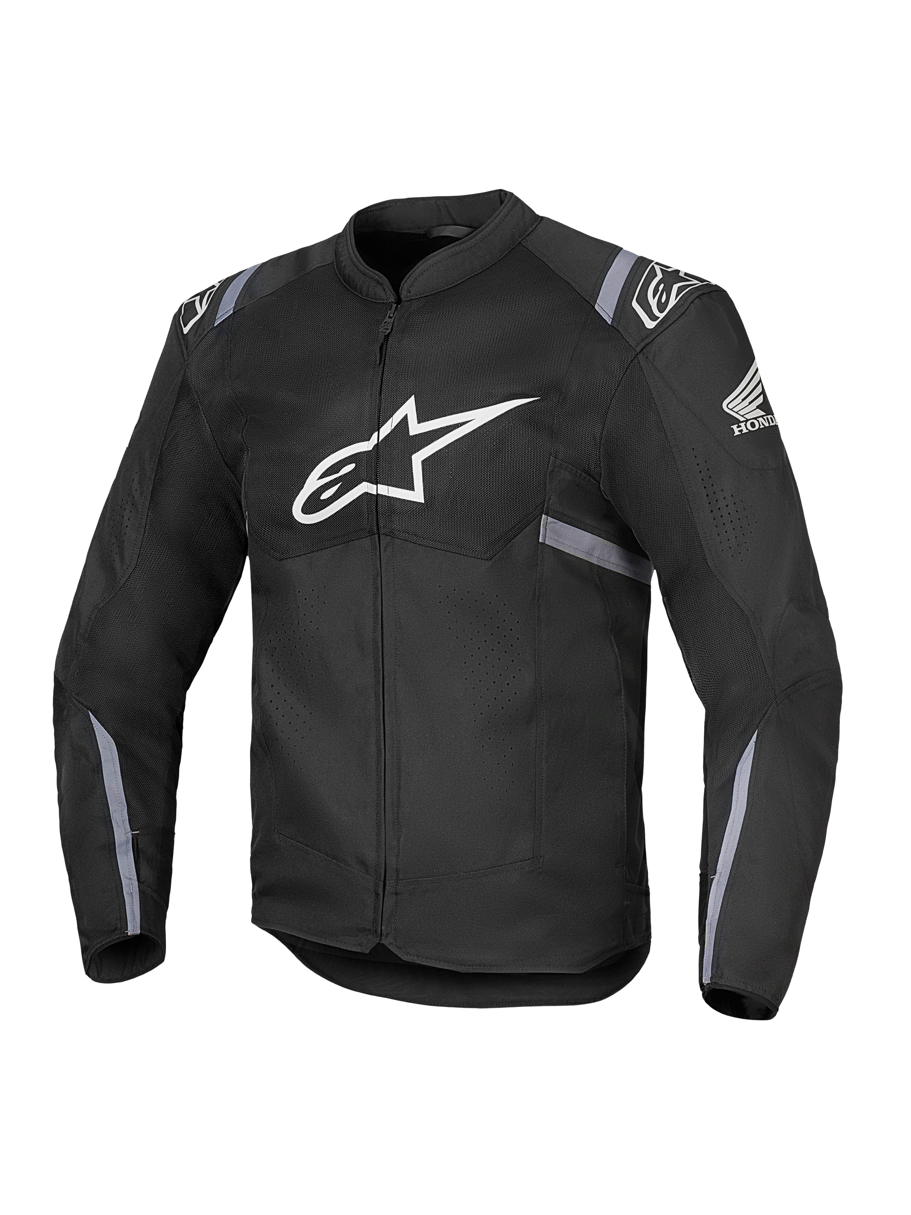 Alpinestars Honda T-SPS Air V2 Jacket, giacca da moto in tessuto nero, grande logo Alpinestars bianco sul petto, logo Honda ad ala sulla manica, pannelli in rete traforata per la traspirabilità, strisce riflettenti grigie su maniche e vita, chiusura frontale con zip