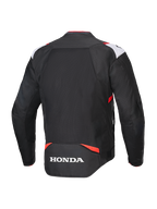 Giacca Alpinestars Honda T-SPS Air V2, giacca da moto in tessuto, nero, bianco e rosso acceso, vista posteriore con ampio pannello in rete per la ventilazione e logo Honda bianco sulla parte inferiore della schiena, design sportivo per la guida urbana estiva