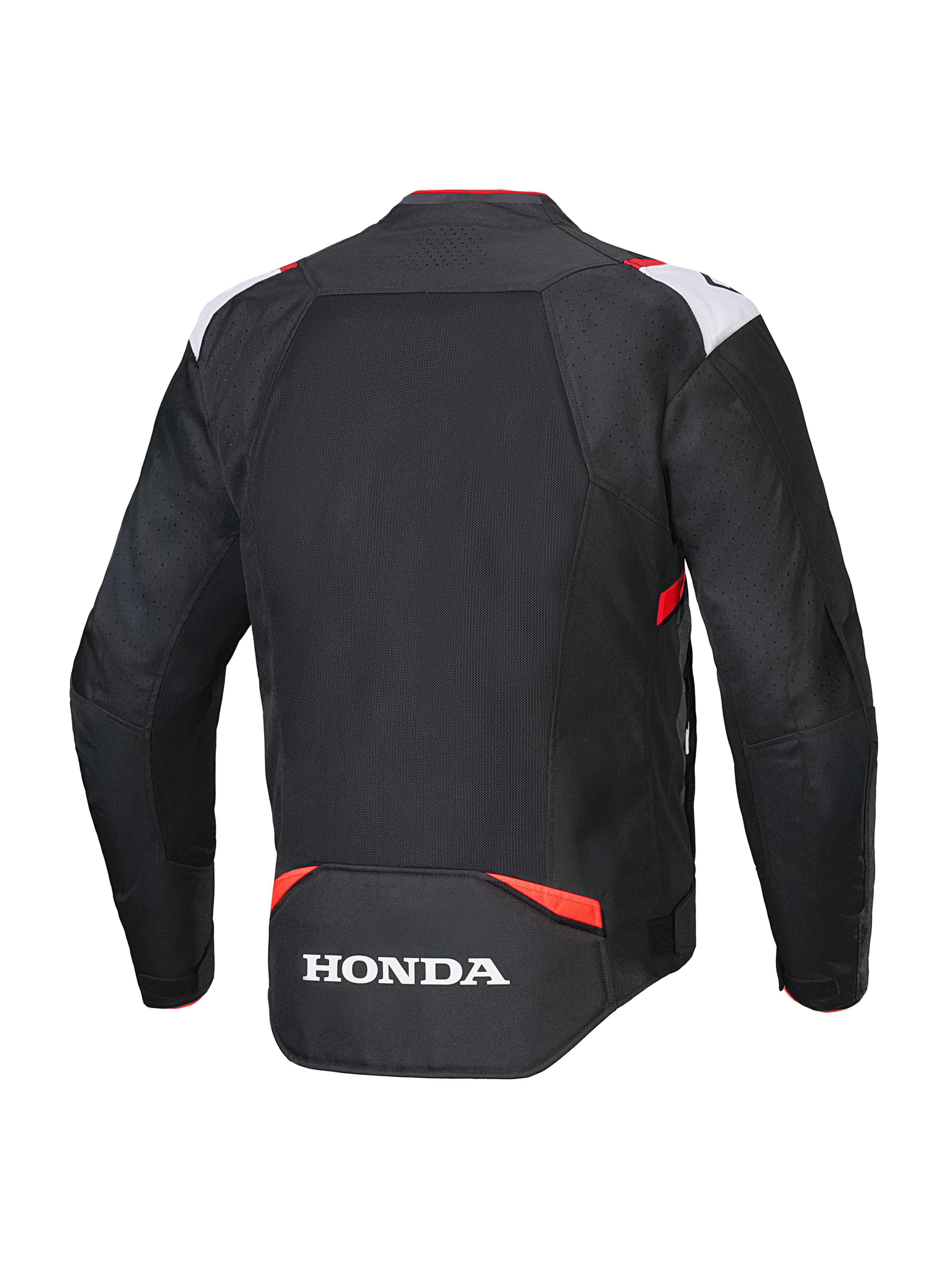 Giacca Alpinestars Honda T-SPS Air V2, giacca da moto in tessuto, nero, bianco e rosso acceso, vista posteriore con ampio pannello in rete per la ventilazione e logo Honda bianco sulla parte inferiore della schiena, design sportivo per la guida urbana estiva