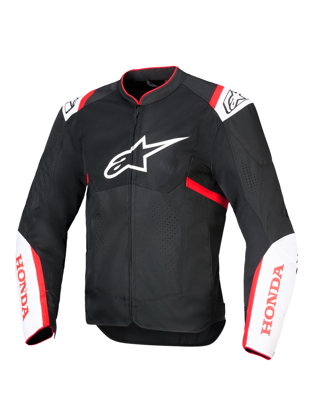 Giacca Alpinestars Honda T-SPS Air V2, giacca da moto in tessuto, nero con dettagli bianchi e rosso acceso, con pannelli in rete tecnica ventilata, logo Alpinestars sul petto e marchio Honda rosso sulle maniche, design sportivo urbano per favorire il flusso d'aria