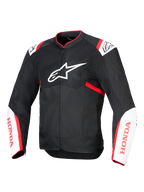 Giacca Alpinestars Honda T-SPS Air V2, giacca da moto in tessuto, nero con dettagli bianchi e rosso acceso, con pannelli in rete tecnica ventilata, logo Alpinestars sul petto e marchio Honda rosso sulle maniche, design sportivo urbano per favorire il flusso d'aria
