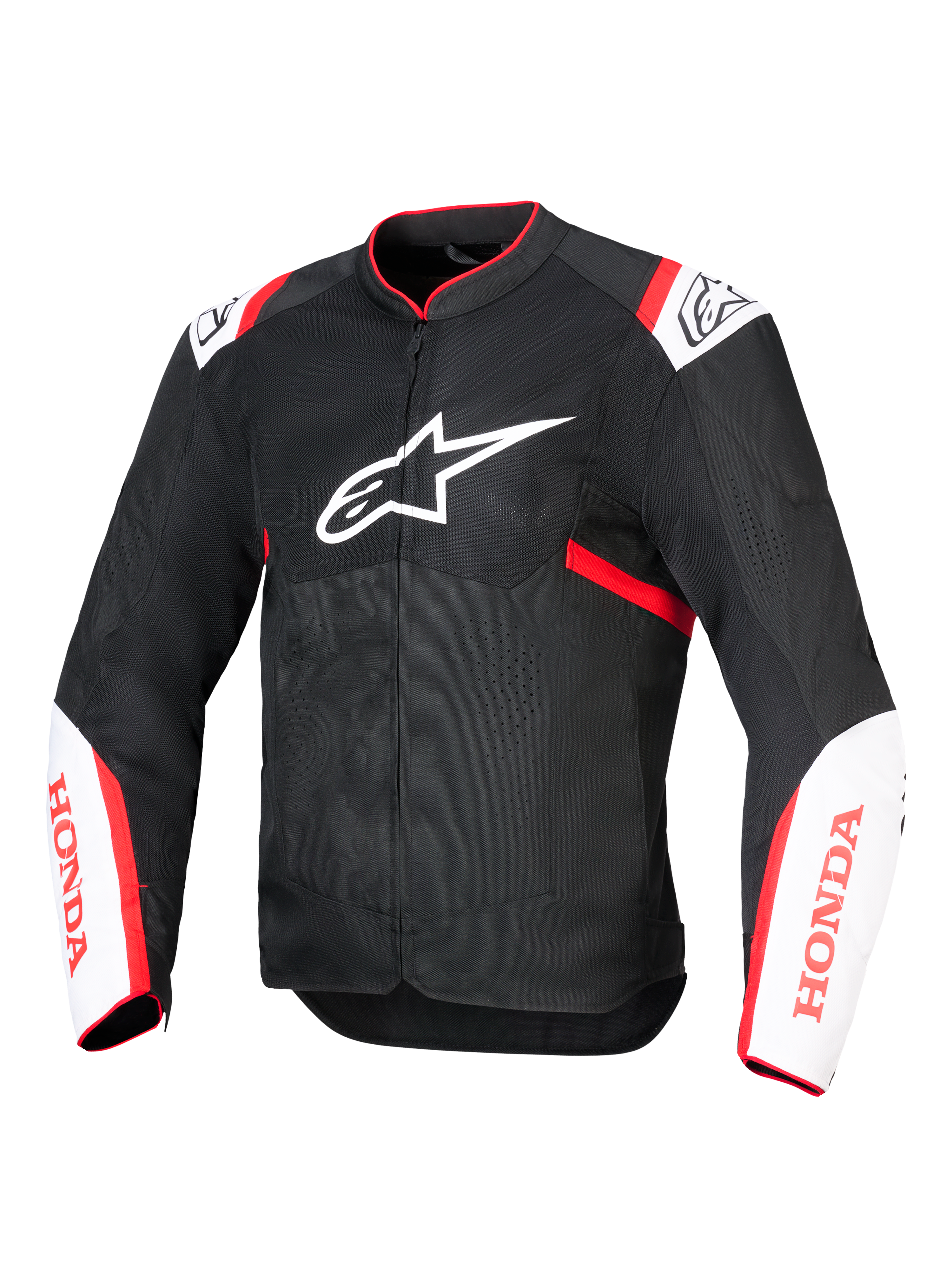 Giacca Alpinestars Honda T-SPS Air V2, giacca da moto in tessuto, nero con dettagli bianchi e rosso acceso, con pannelli in rete tecnica ventilata, logo Alpinestars sul petto e marchio Honda rosso sulle maniche, design sportivo urbano per favorire il flusso d'aria