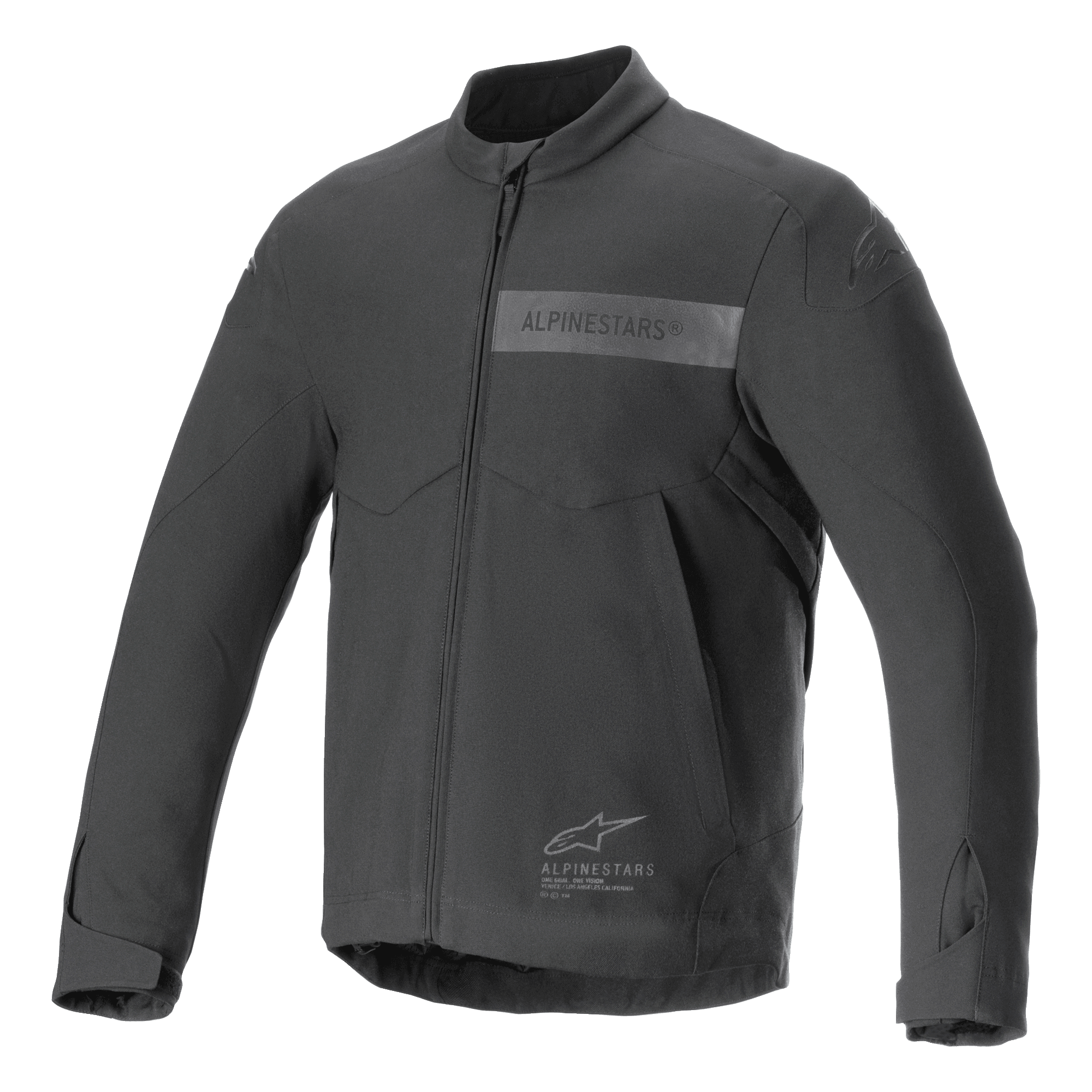 Alpinestars Aeron Jacket, giacca da moto, nero, design minimalista per la guida estiva, con colletto alto, cerniera frontale integrale, logo Alpinestars tono su tono sul petto e polsini regolabili
