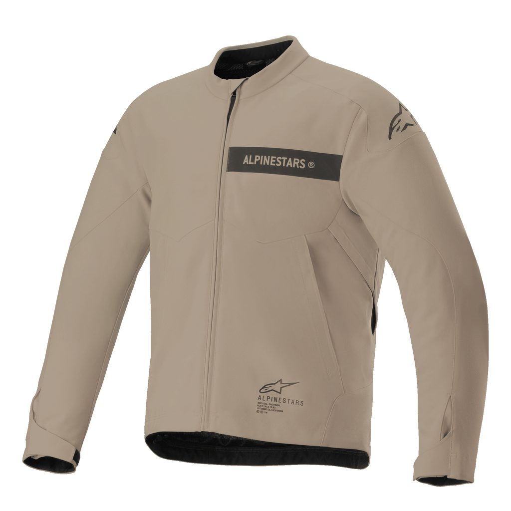 Alpinestars Aeron Jacket, giacca da moto urban, beige e nero, costruzione tessile minimalista con marchio sulla striscia del petto, zip frontale e polsini regolabili
