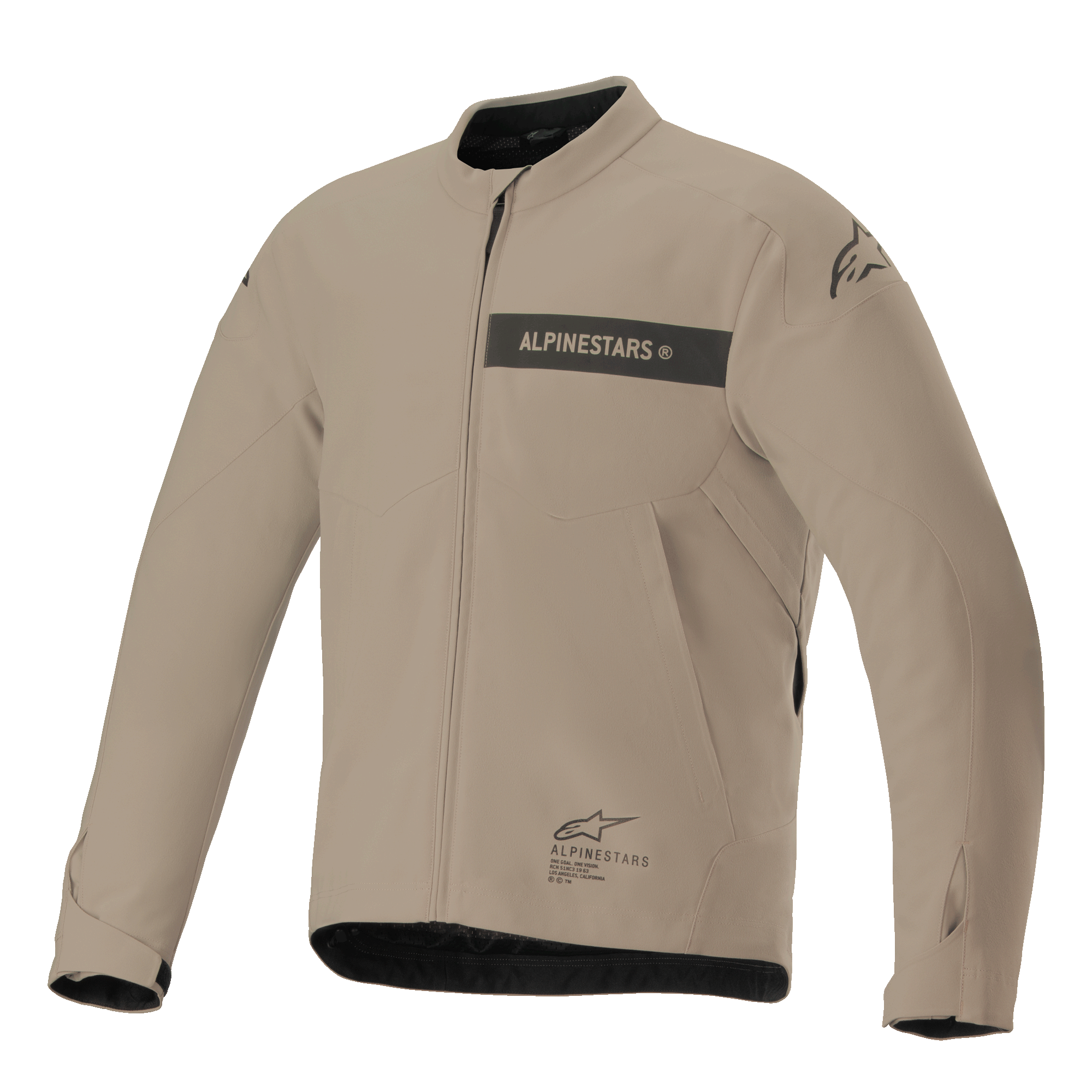 Alpinestars Aeron Jacket, giacca da moto urban, beige e nero, costruzione tessile minimalista con marchio sulla striscia del petto, zip frontale e polsini regolabili
