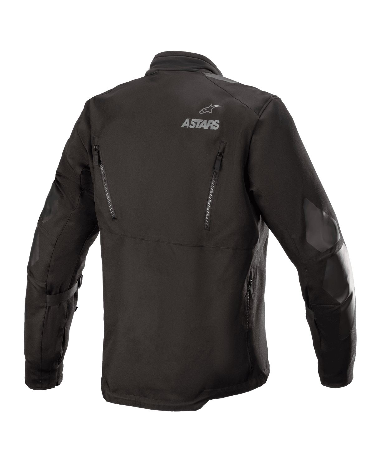 Giacca Alpinestars Venture XT, nera, vista posteriore di una giacca da moto adventure touring in tessuto, con logo ASTARS sulla spalla, cerniere di ventilazione verticali sulla schiena e rinforzi in pellicola PU sulle braccia