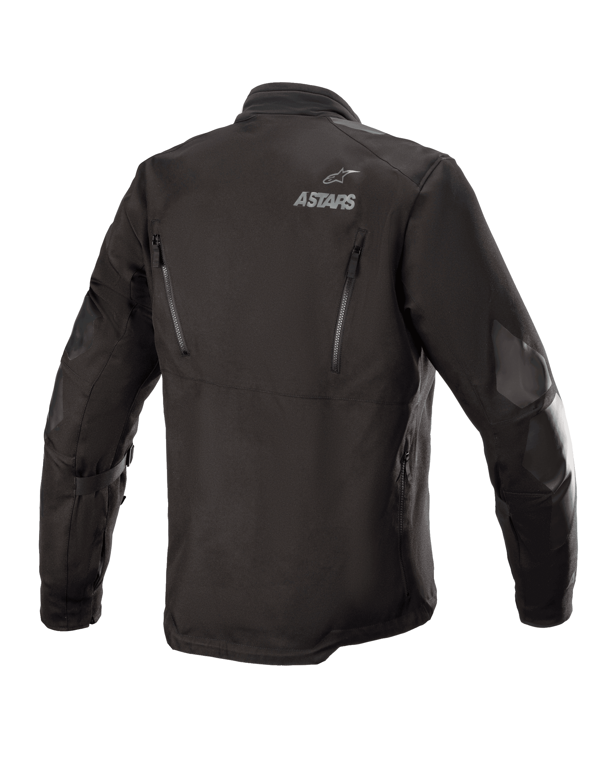 Giacca Alpinestars Venture XT, nera, vista posteriore di una giacca da moto adventure touring in tessuto, con logo ASTARS sulla spalla, cerniere di ventilazione verticali sulla schiena e rinforzi in pellicola PU sulle braccia
