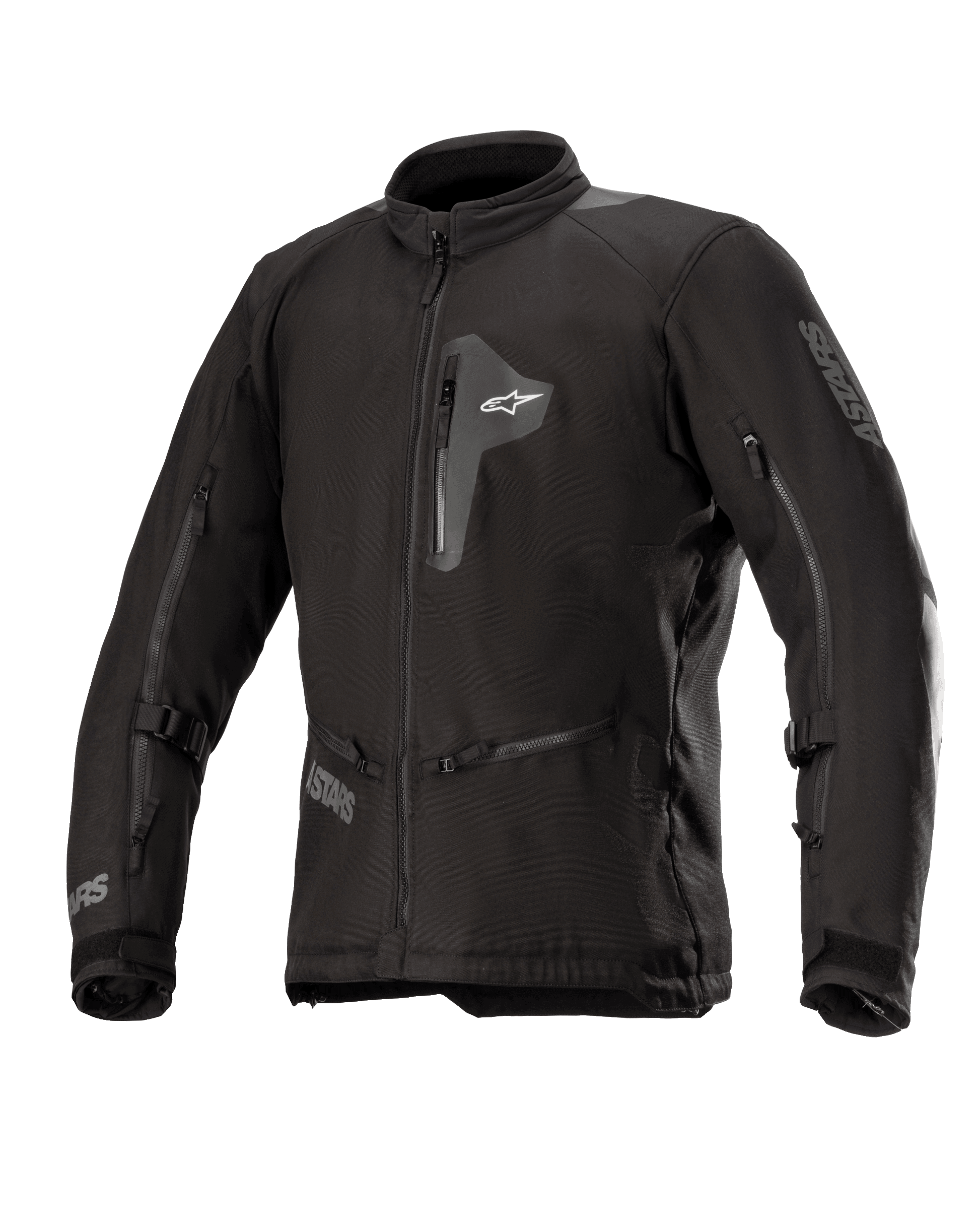 Alpinestars Venture XT Jacket, giacca da moto in tessuto nero, vista frontale con tasca pettorale con zip e ampie prese d'aria sulle maniche, cinghie regolabili sulle braccia, collo alto, costruzione idrorepellente per adventure touring.
