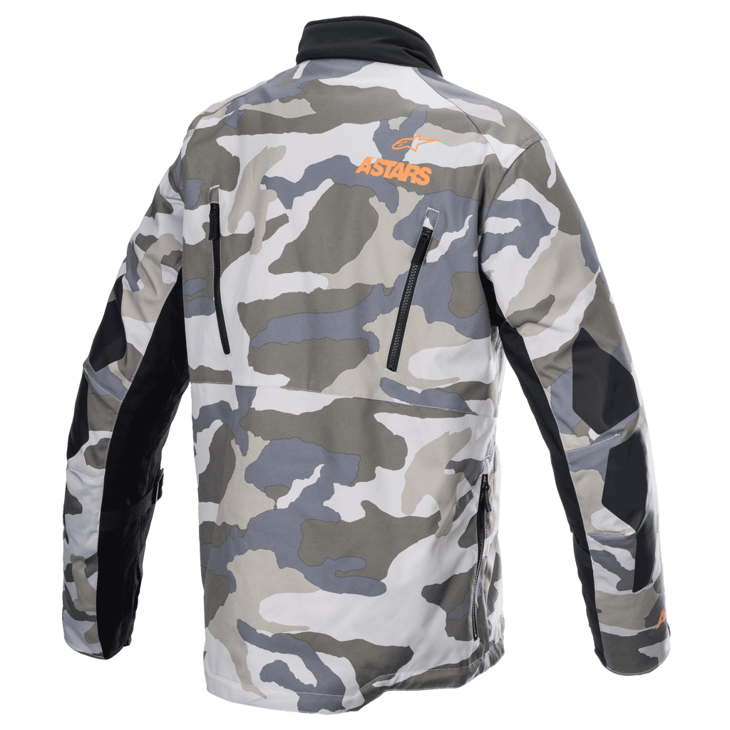 Alpinestars Giacca Venture XT, Mojave Camo Arancione Fluo, vista posteriore con motivo mimetico grigio e bianco, logo ASTARS arancione sulla parte superiore della schiena, cerniere di ventilazione nere e pannelli rinforzati sulle braccia, giacca da moto adventure touring