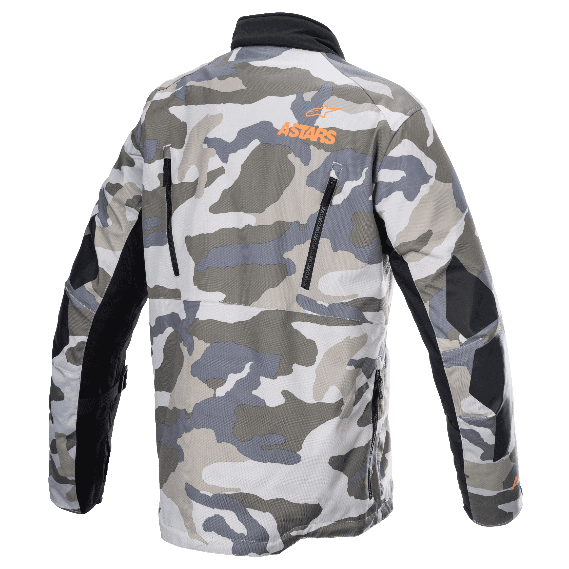 Alpinestars Giacca Venture XT, Mojave Camo Arancione Fluo, vista posteriore con motivo mimetico grigio e bianco, logo ASTARS arancione sulla parte superiore della schiena, cerniere di ventilazione nere e pannelli rinforzati sulle braccia, giacca da moto adventure touring