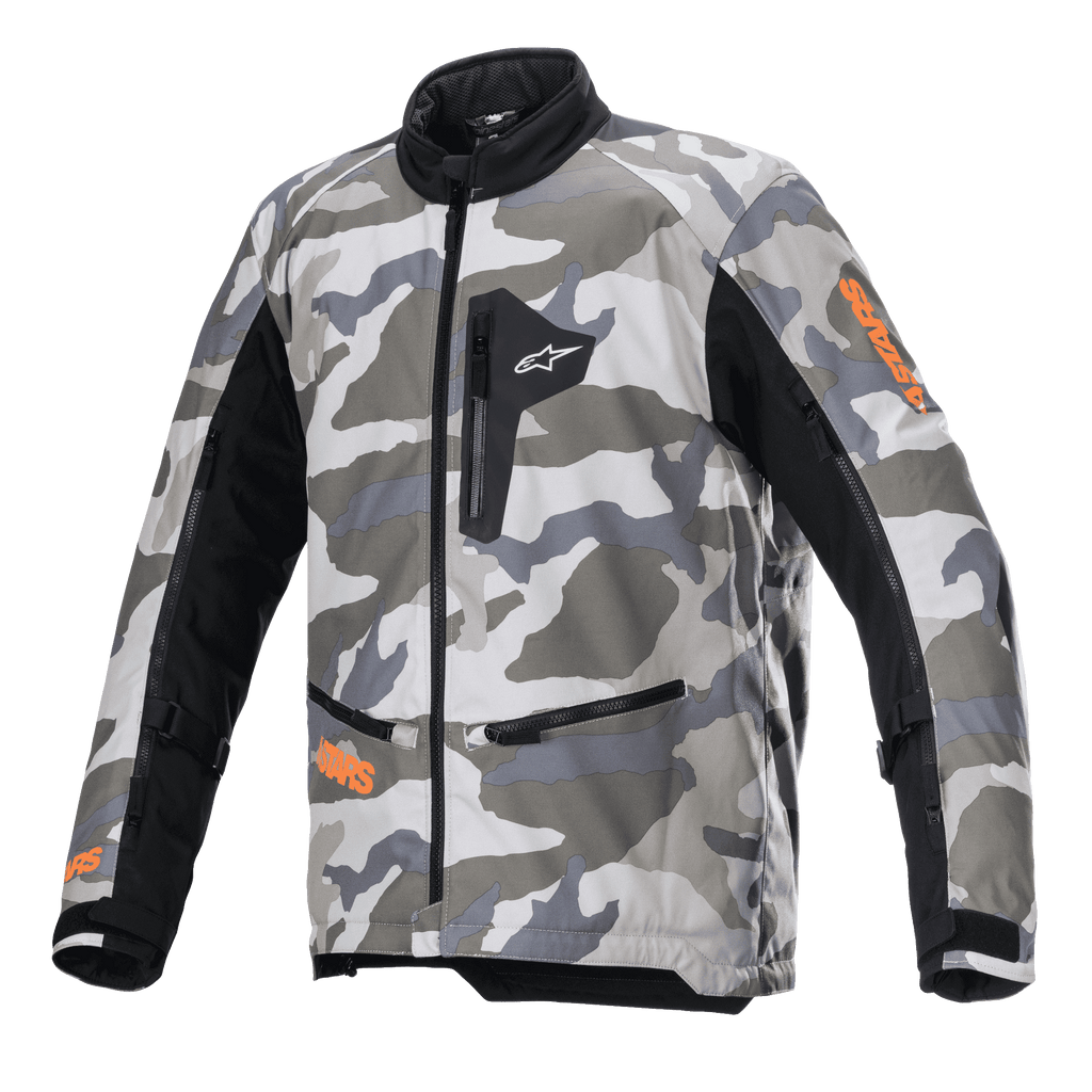 Alpinestars Venture XT Jacket, giacca da moto adventure touring, Mojave Camo in tonalità di grigio e bianco con accenti arancione fluo, pannelli in tessuto nero sulle maniche, tasche con zip su petto e vita, colletto alto, robusta struttura in tessuto per avventure fuoristrada