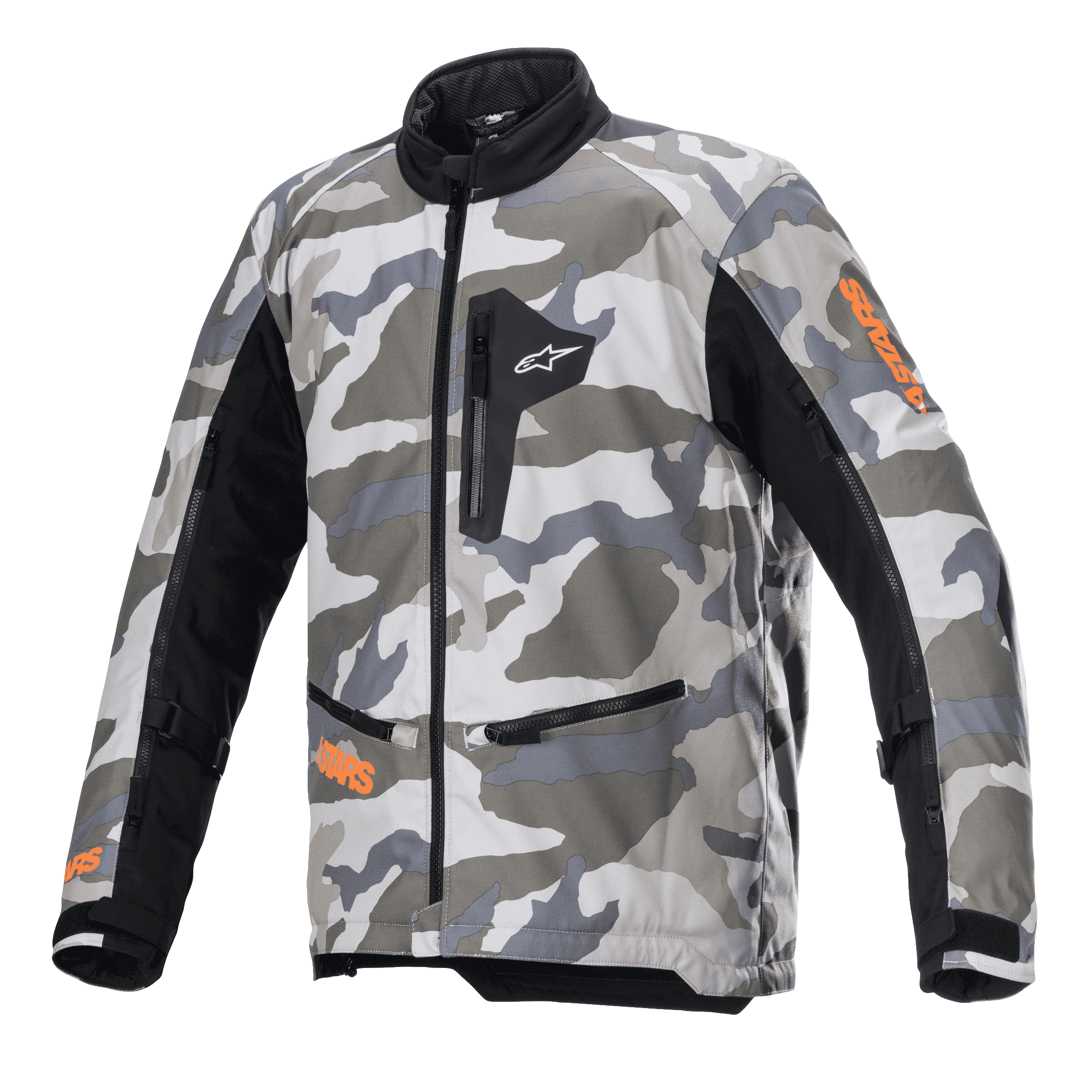 Alpinestars Venture XT Jacket, giacca da moto adventure touring, Mojave Camo in tonalità di grigio e bianco con accenti arancione fluo, pannelli in tessuto nero sulle maniche, tasche con zip su petto e vita, colletto alto, robusta struttura in tessuto per avventure fuoristrada