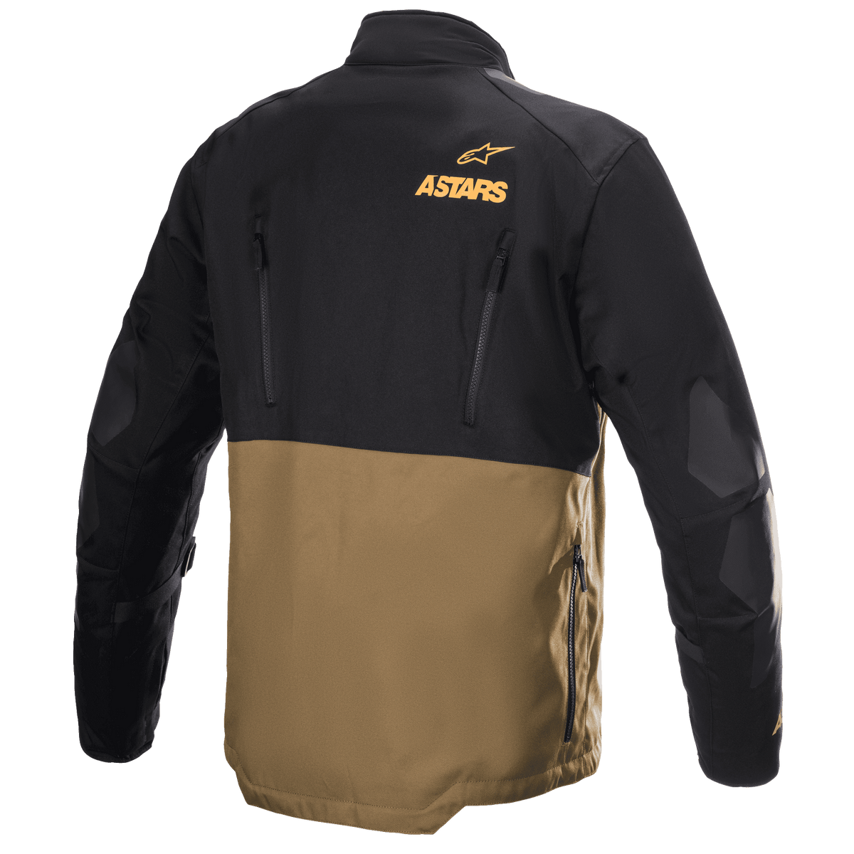 Giacca Alpinestars Venture XT, giacca da moto Adventure Touring, cammello e nero, vista posteriore con logo Astars arancione, cerniere di ventilazione verticali e pannelli rinforzati sui gomiti