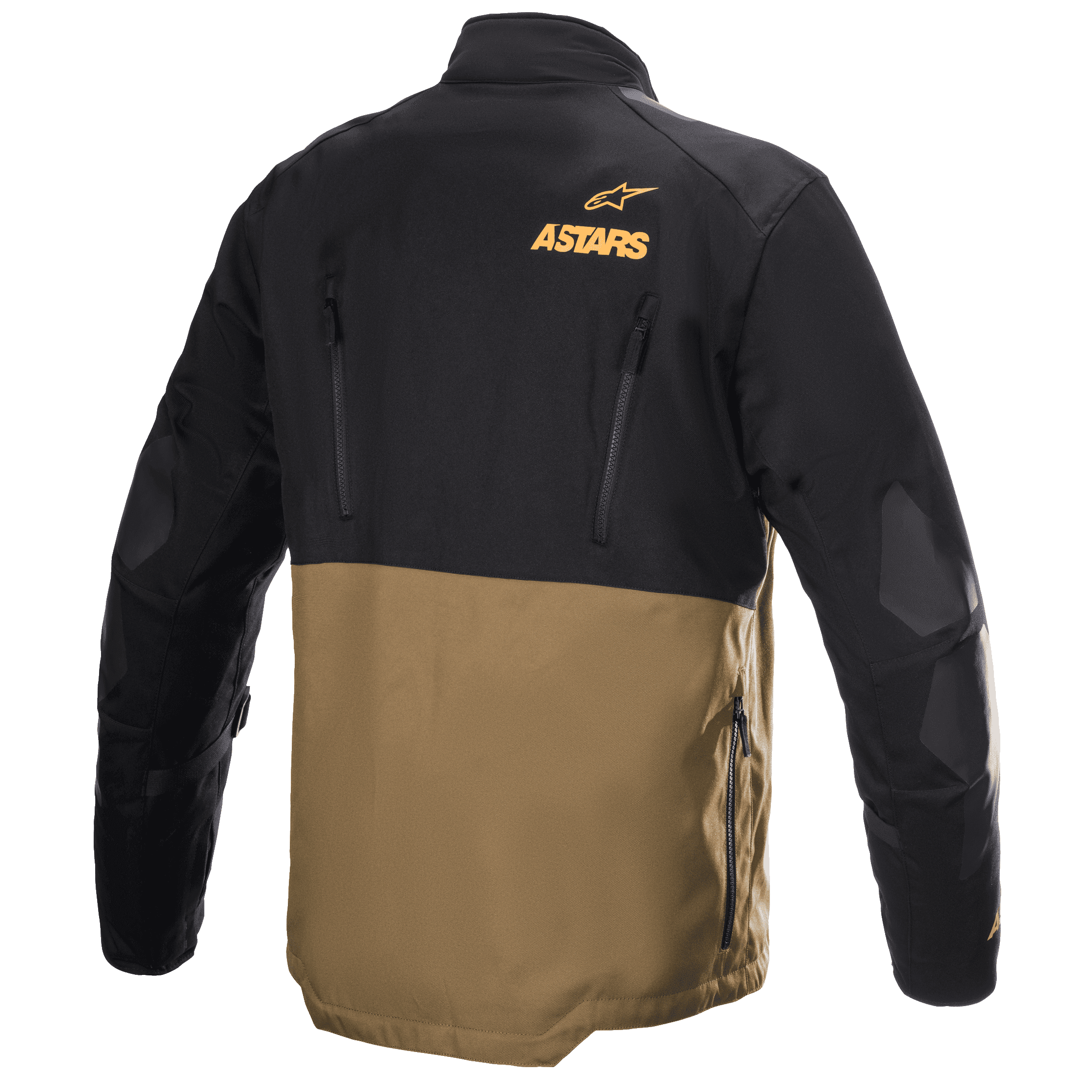 Giacca Alpinestars Venture XT, giacca da moto Adventure Touring, cammello e nero, vista posteriore con logo Astars arancione, cerniere di ventilazione verticali e pannelli rinforzati sui gomiti