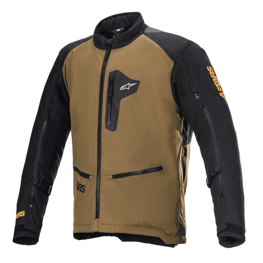 Giacca Alpinestars Venture XT, giacca da moto adventure touring, marrone e nero, dotata di tasche con zip sul petto e per le mani, zip di ventilazione sulle maniche, cinghie regolabili sulle braccia e branding Astars arancione