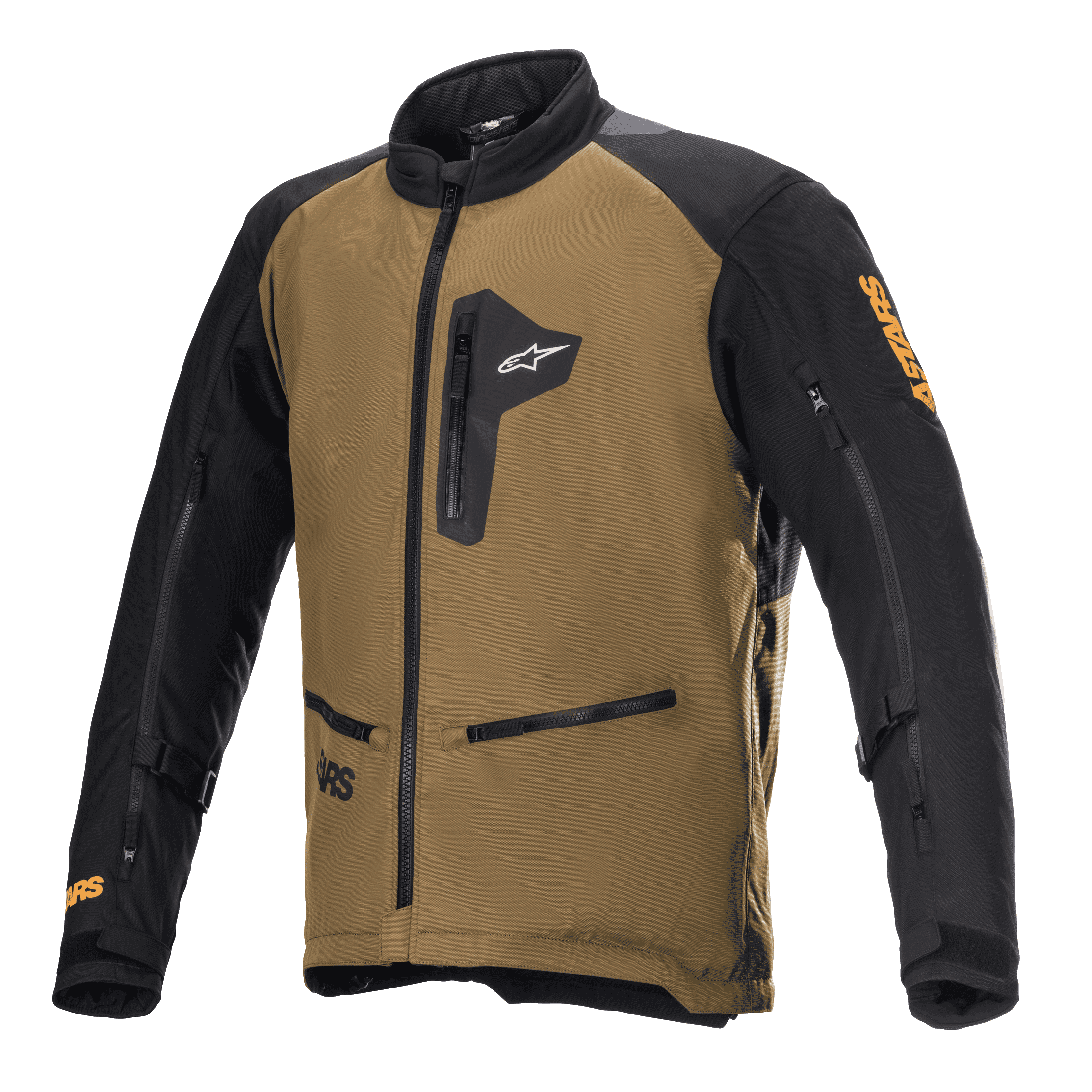 Giacca Alpinestars Venture XT, giacca da moto adventure touring, marrone e nero, dotata di tasche con zip sul petto e per le mani, zip di ventilazione sulle maniche, cinghie regolabili sulle braccia e branding Astars arancione