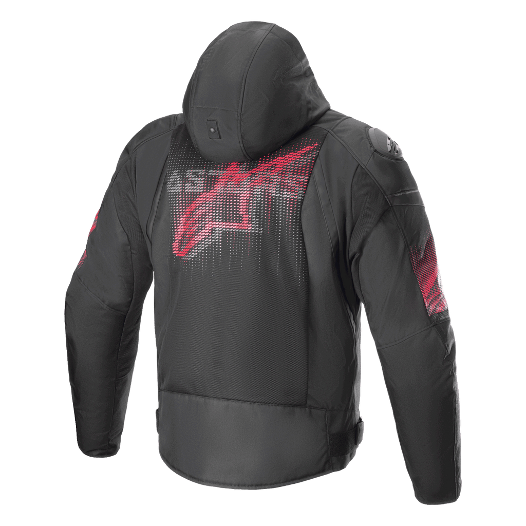 Giacca Alpinestars Zaca Air Venom WP, nero e rosso brillante, vista posteriore con un grande logo rosso stilizzato sulla schiena, giacca da moto in tessuto con pannelli in rete 3D, cappuccio rimovibile e slider sulle spalle DFS Lite, abbigliamento tecnico sportivo.