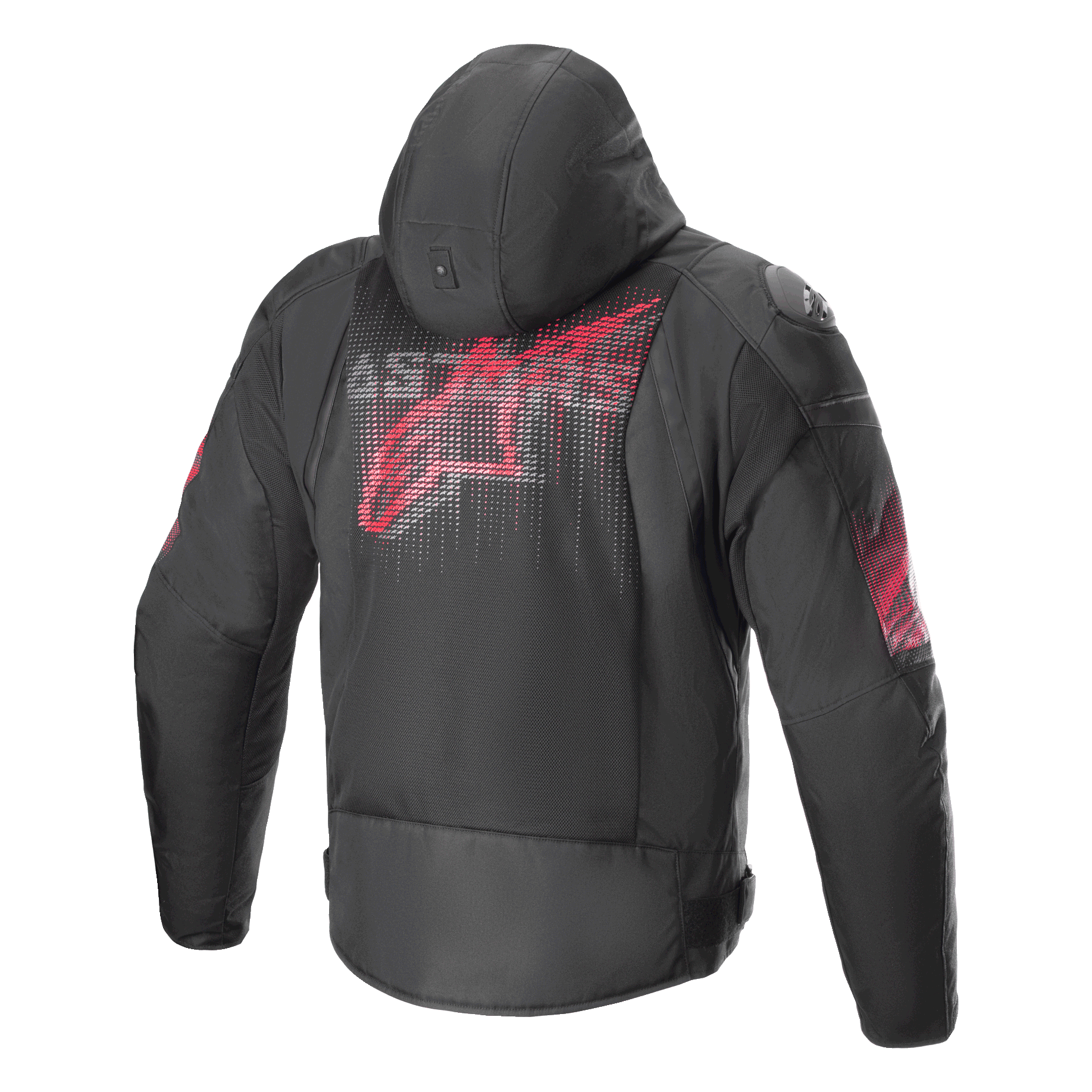 Giacca Alpinestars Zaca Air Venom WP, nero e rosso brillante, vista posteriore con un grande logo rosso stilizzato sulla schiena, giacca da moto in tessuto con pannelli in rete 3D, cappuccio rimovibile e slider sulle spalle DFS Lite, abbigliamento tecnico sportivo.