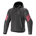 Alpinestars Giacca Zaca Air Venom WP, giacca da moto in tessuto, nero e rosso brillante, grafica sfumata rossa sulle maniche, logo ASTARS verticale sul petto, design con cappuccio e costruzione in mesh per la ventilazione, abbigliamento da guida sportiva
