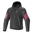 Alpinestars Giacca Zaca Air Venom WP, giacca da moto in tessuto, nero e rosso brillante, grafica sfumata rossa sulle maniche, logo ASTARS verticale sul petto, design con cappuccio e costruzione in mesh per la ventilazione, abbigliamento da guida sportiva
