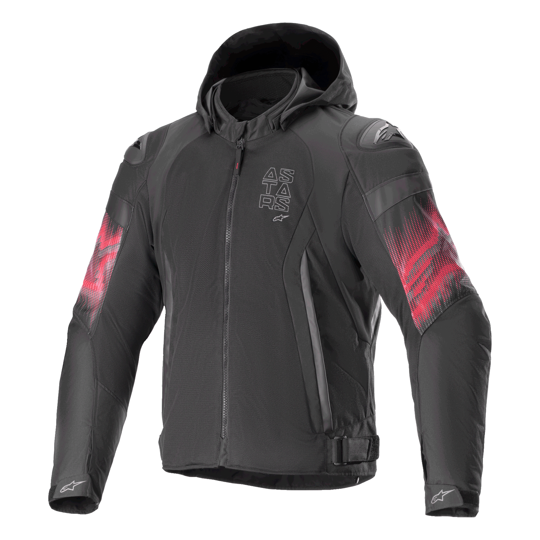 Alpinestars Giacca Zaca Air Venom WP, giacca da moto in tessuto, nero e rosso brillante, grafica sfumata rossa sulle maniche, logo ASTARS verticale sul petto, design con cappuccio e costruzione in mesh per la ventilazione, abbigliamento da guida sportiva