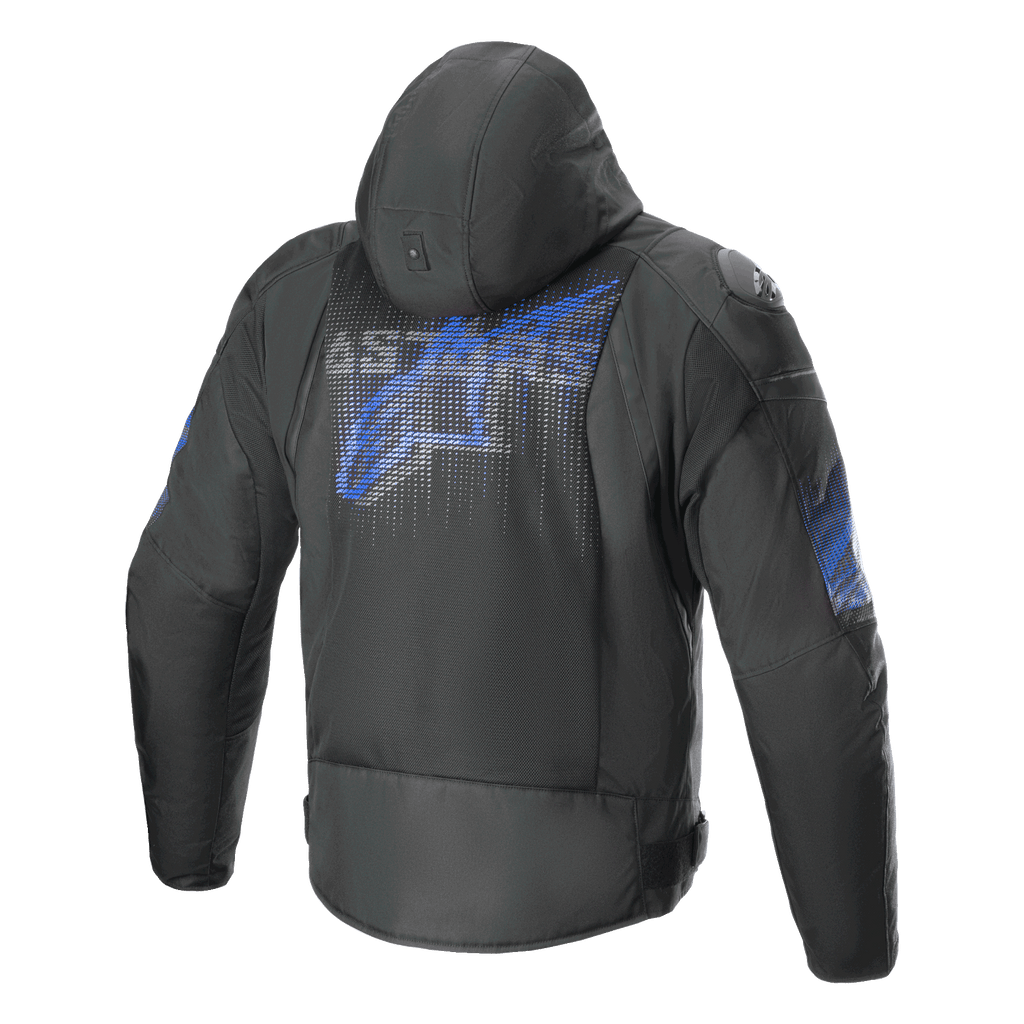 Alpinestars Giacca Zaca Air Venom Impermeabile, giacca da moto in tessuto da uomo con cappuccio, vista posteriore, nera e blu elettrico, con ventilazione in rete 3D e protezione certificata CE